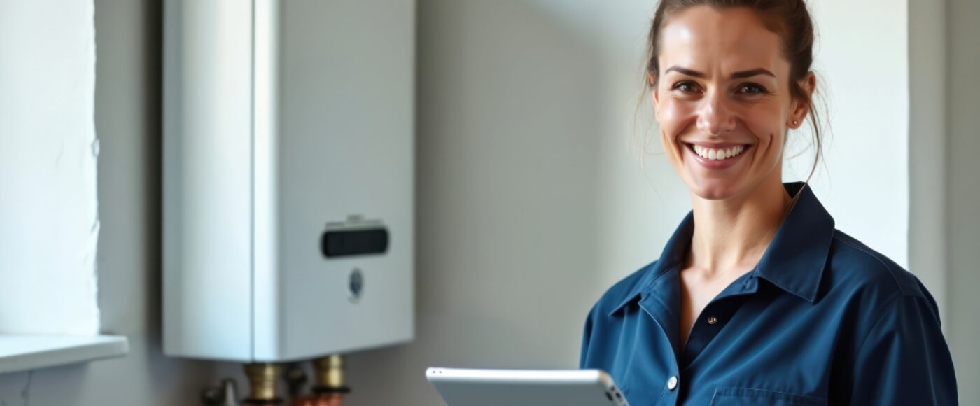 Smiling working professional using tablet standing on site
