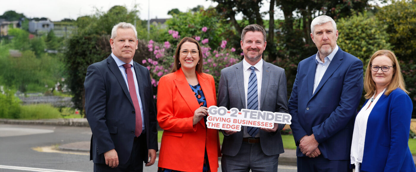 Pictured together to mark the relaunch of InterTradeIreland’s Go-2-Tender Programme are Finance Minister John O’Dowd, Minister Emer Higgins and representatives from InterTradeIreland, Office of Government Procurement and Construction and Procurement Delivery.