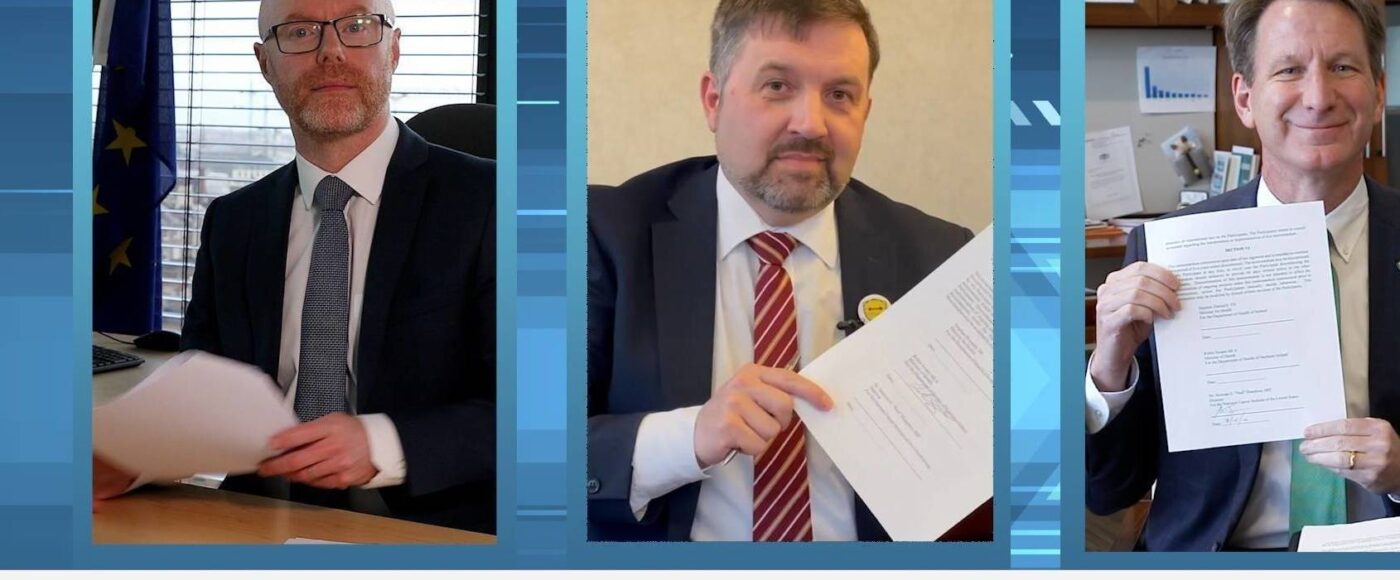 Pictured signing a new Memorandum of Understanding to reinvigorate the Ireland - Northern Ireland – NCI Cancer Consortium is Irish Minister for Health Stephen Donnelly TD, Northern Ireland Minister for Health Robin Swann MLA and Dr Norman E Sharpless MD on behalf of the National Cancer Institute of the US (NCI).