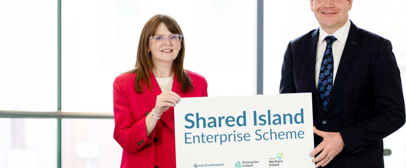 Minister for Enterprise Trade and Employment Peter Burke TD and Minister for the Economy Dr Caoimhe Archibald mark the 30m Shared Island Enterprise Scheme