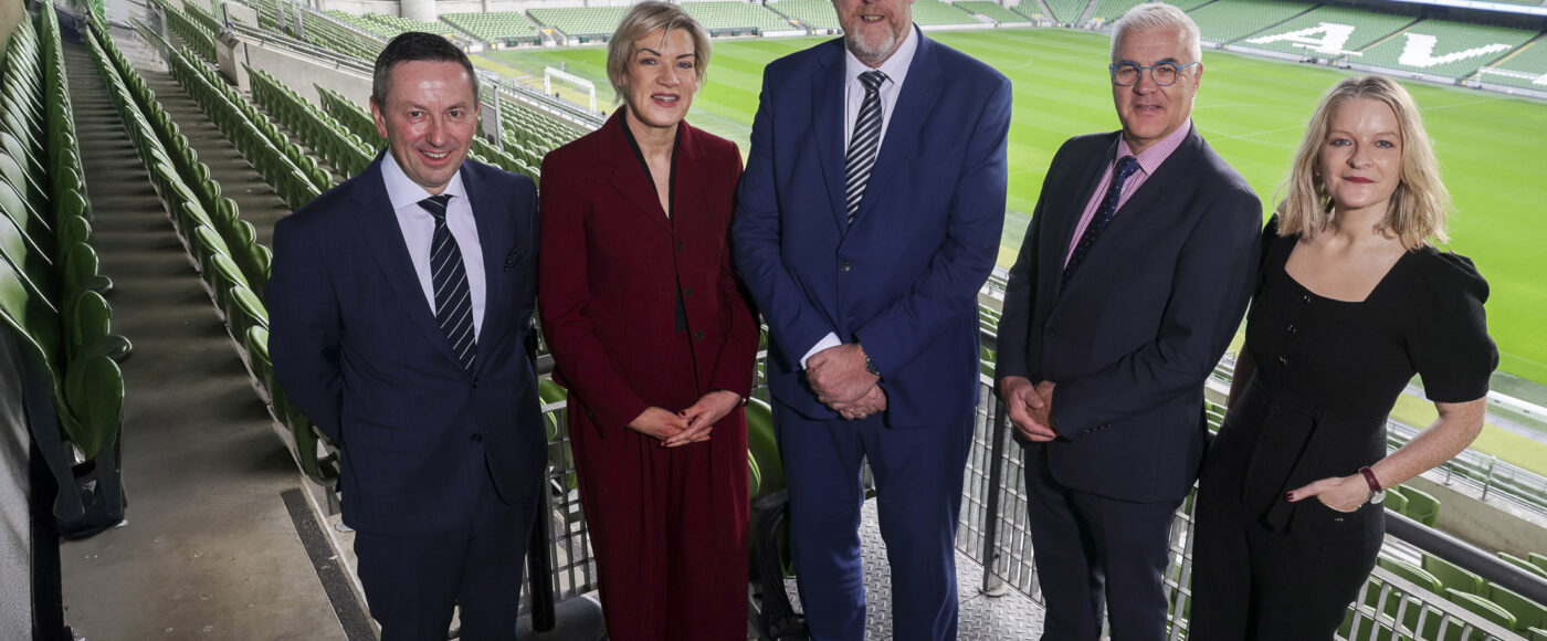 Brian Donaldson, Margaret Hearty, Minister John O’Dowd, Richard Kennedy, and Áine Kerr at the InterTradeIreland Trade Conference in the Aviva Stadium, Dublin.