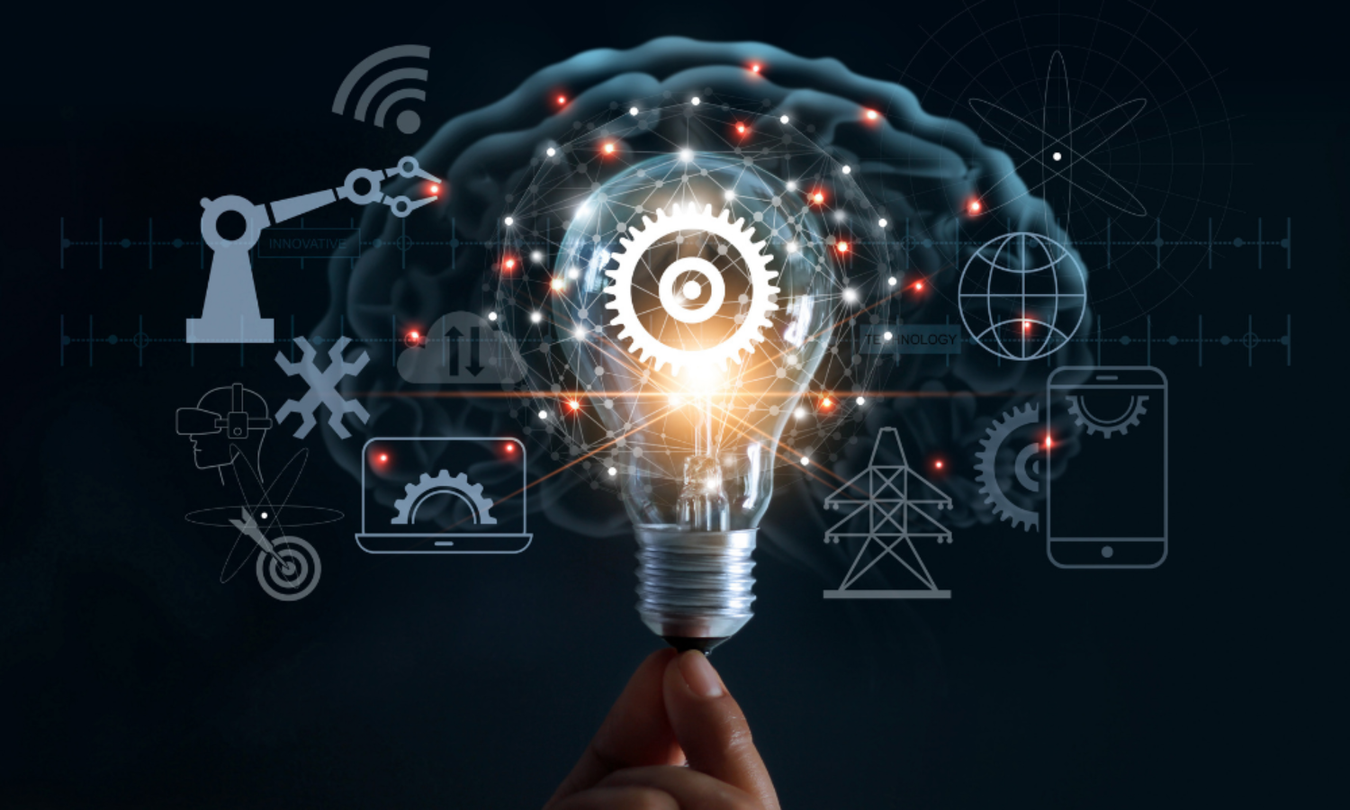 Hand holding lightbulb with cog inside and innovation icon network connection on brain background, innovation technology in science and industrial concept