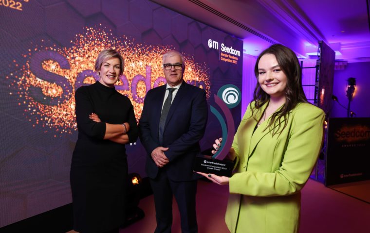 Eibhlin O Riordan co founder of Byo Wave holding Seedcorn overall winner award alongside Margaret Hearty and Richard Kennedy