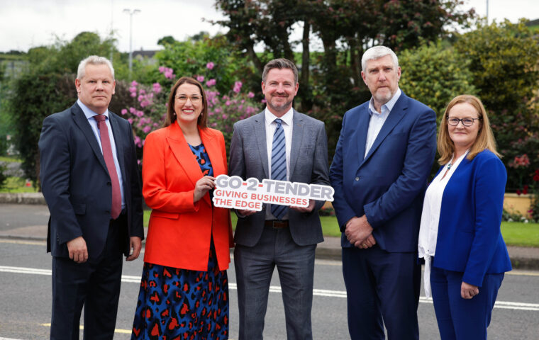 Pictured together to mark the relaunch of InterTradeIreland’s Go-2-Tender Programme are Finance Minister John O’Dowd, Minister Emer Higgins and representatives from InterTradeIreland, Office of Government Procurement and Construction and Procurement Delivery.