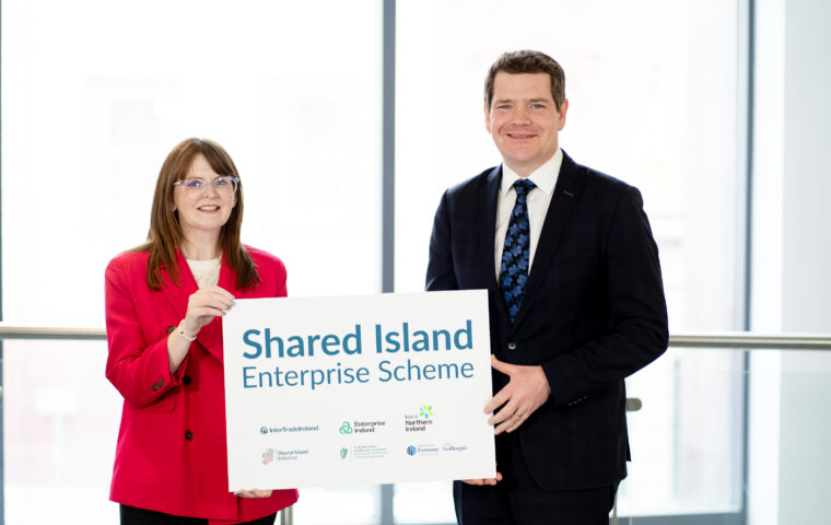 Minister for Enterprise Trade and Employment Peter Burke TD and Minister for the Economy Dr Caoimhe Archibald mark the 30m Shared Island Enterprise Scheme thumbnail